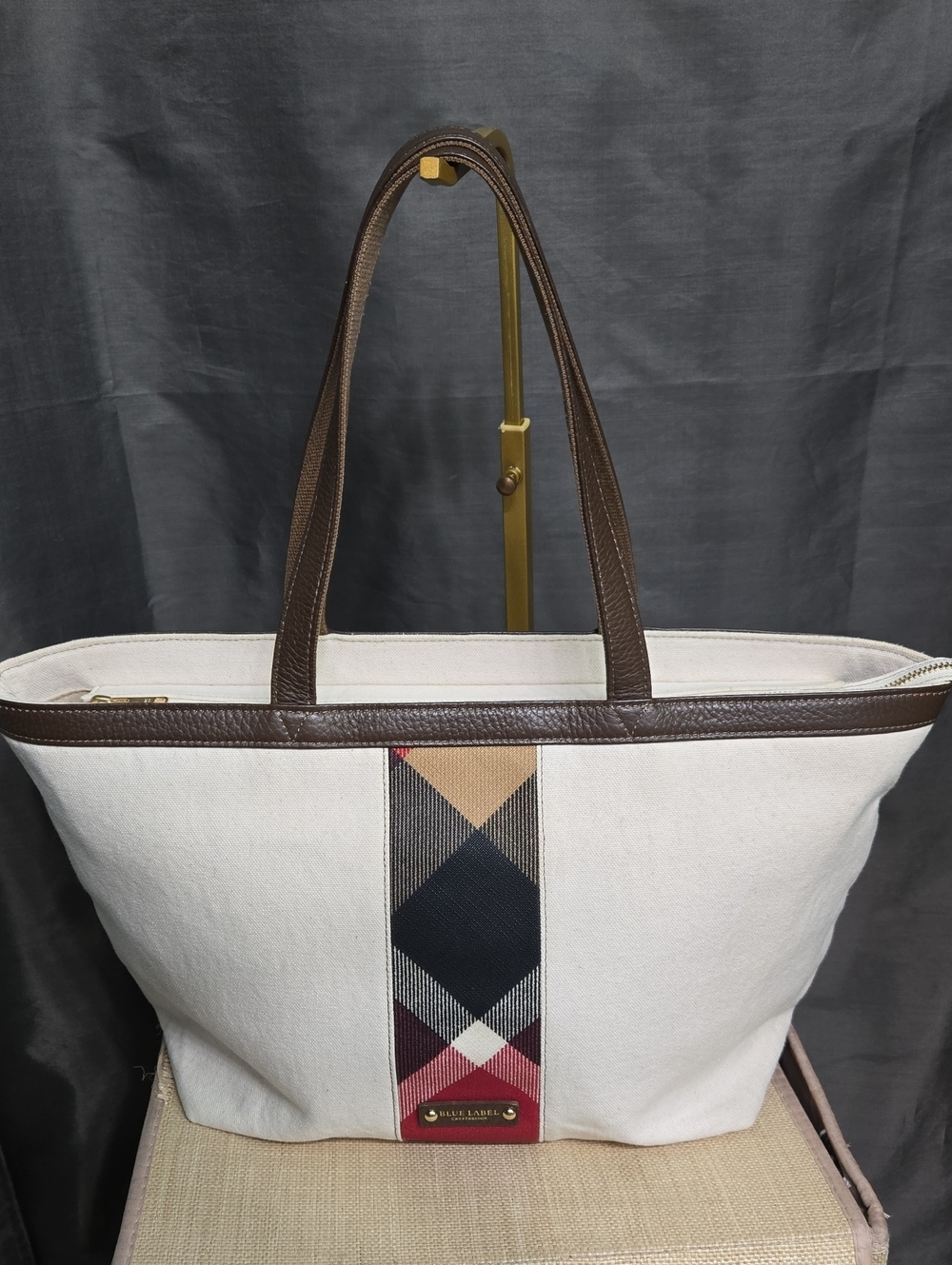 BURBERRY Blue Label Cream Canvas Tote with Brown Leather Trim and Plaid Stripe - Picture 3 of 17